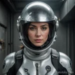 A woman in a sleek spacesuit with the helmet off, a single, photorealistic tear tattooed below her eye, a memento of a lost worl _1 2025 №185 - фото tatufoto.com