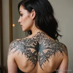 A woman looking at a broken mirror, her reflection is shattered, but the intricate linework tattoo on her back remains whole, _1 2025 №188 - фото tatufoto.com