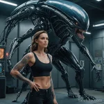 A woman standing in front of a giant, alien machine, a blueprint of that same machine is tattooed down her side, 2025 №192 - фото tatufoto.com