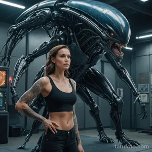 A woman standing in front of a giant, alien machine, a blueprint of that same machine is tattooed down her side, 2025 №192 - фото tatufoto.com