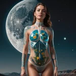 A woman wearing a thin, transparent enviro suit on a beautiful but airless moon, a tattoo of a breathing lung filled with flower _1 2025 №194 - фото tatufoto.com