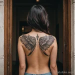 A woman with her back to the camera, a tattoo of a beautiful, ornate cage on her back, the door is open and a few small, ink bir 2025 №197 - фото tatufoto.com
