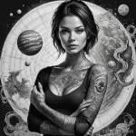 An illustration of a woman with a full sleeve tattoo that is actually a shifting, e ink display, showing weather patterns of an 2025 №203 - фото tatufoto.com