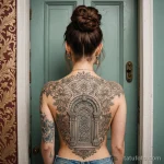 An illustration of a woman with a tattoo of a beautiful, ornate door on her back, and a tiny, tattooed version of herself is kno 2025 №205 - фото tatufoto.com