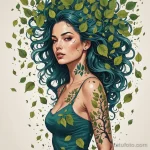 An illustration where a woman's tattoo of a tree is shedding its leaves, and the ink leaves are floating around her in zero grav 2025 №206 - фото tatufoto.com