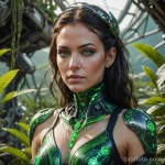 An ultra detailed shot of a beautiful female bio engineer with neon green cybernetic eyes, on a terraformed planet with lush, al 2025 №207 - фото tatufoto.com