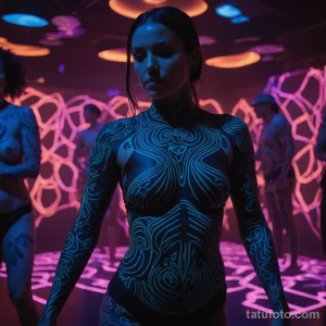 Medium shot of a woman in a low gravity dance club, her body covered in glowing, UV reactive tattoos that create shifting patter _1 2025 №213 - фото tatufoto.com