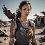 Photorealistic portrait of a female scavenger in post apocalyptic gear on a desolate moon, a tattoo of a phoenix rising from ash 2025 №214 - фото tatufoto.com