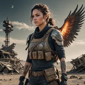 Photorealistic portrait of a female scavenger in post apocalyptic gear on a desolate moon, a tattoo of a phoenix rising from ash _1 2025 №215 - фото tatufoto.com