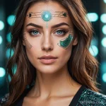 Photorealistic shot of a beautiful woman with augmented reality contact lenses, data streams reflecting in her eyes, a circuit b _1 2025 №217 - фото tatufoto.com