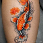 back of calf macro, vitiligo forming oval shape, Japanese style koi fish tail in orange and silver flowing upward in realism, sc 2025 №07 - фото tatufoto.com
