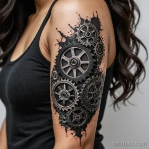 Фото тату: детализированный механический рукав с шестернями, винтами и брызгами краски. Реалистичный рисунок татуировки на плече.