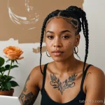 black woman with braids and vitiligo around chin and cheek, leaning toward stencil notebook with artist, floral collarbone tatto 2025 №10 - фото tatufoto.com