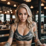 blonde girl leaning over glass counter, vitiligo across chest, tattoo of intertwined snakes in fine line style etched around pig 2025 №11 - фото tatufoto.com