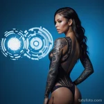 brunette in bodysuit, vitiligo forming trail from shoulder to breast, biomechanical gear tattoo nested within pigment gaps, blue 2025 №12 - фото tatufoto.com