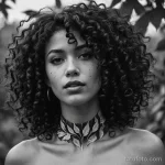 curly haired beauty with vitiligo on jawline and neck, tattoo of realistic leaves climbing from collar to cheek in subtle monoch 2025 №15 - фото tatufoto.com
