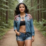 curvy Latin woman in denim shorts and open flannel shirt, vitiligo running along clavicle and left side, featuring fine line orn 2025 №16 - фото tatufoto.com