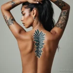 dark haired model with contrasting vitiligo on ribcage and back, climbing floral spine tattoo that weaves in and out of pigmente 2025 №18 - фото tatufoto.com