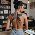 dark haired model with vitiligo around shoulder blade and spine, photographed from behind while reviewing tattoo design on table 2025 №19 - фото tatufoto.com