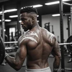 dark skinned guy at gym, shirtless with vitiligo along spine, barbell over shoulders, biomechanical spine tattoo in greyscale an 2025 №20 - фото tatufoto.com
