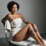 dark skinned woman with short curly hair and vitiligo streaking down one leg, seated on reclining tattoo chair with towel over l 2025 №21 - фото tatufoto.com