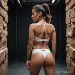 fit female model with warm caramel skin tone, vitiligo across back and spine, revealed beneath open tank, wearing yoga shorts, b 2025 №22 - фото tatufoto.com