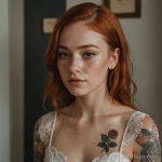 freckled girl with pale vitiligo across cheeks and nose bridge, delicate rose tattoos placed like makeup, lace dress half pulled 2025 №24 - фото tatufoto.com