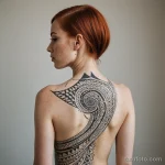 freckled pale skinned woman with asymmetric vitiligo down spine, spiral tattoo from neck to lower back designed to echo white sh 2025 №25 - фото tatufoto.com
