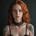 freckled pale woman with high vitiligo spread along her face and neck, shoulder length copper hair, lace bralette, baroque style 2025 №26 - фото tatufoto.com