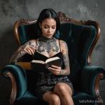 gothic girl reading book on velvet chair, vitiligo along jaw and shoulder, asymmetrical ornamental collarbone tattoo with negati 2025 №28 - фото tatufoto.com