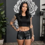 light skinned woman with long black hair and vitiligo patches on arms and thighs, wearing black leather shorts and cropped top, 2025 №32 - фото tatufoto.com