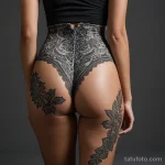 lower back macro, vitiligo tracing in jagged path, ornamental lace style tattoo inked in deep grey mimicking fabric fold, shadow 2025 №33 - фото tatufoto.com