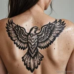 macro of back shoulder blade, pale freckled skin with speckled vitiligo, stylized linework eagle in dynamic posture, wing tip li 2025 №34 - фото tatufoto.com