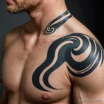 macro of neck and shoulder junction, vitiligo softly spreading, tattoo of wind swirl in stylized wave lines inked diagonally thr 2025 №35 - фото tatufoto.com