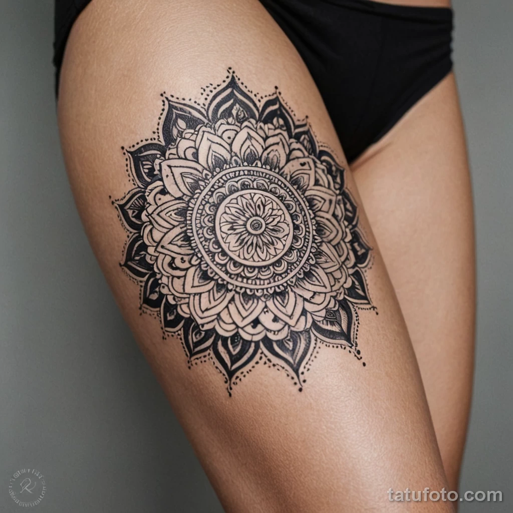 macro of pale thigh with soft vitiligo patches, fine line mandala tattoo wrapping inward from edges of pigment, dotwork shading 2025 №36 - фото tatufoto.com