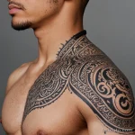 macro of shoulder edge, skin texture in high detail with vitiligo and ornamental armband tattoo in sharp lines and delicate fili 2025 №37 - фото tatufoto.com