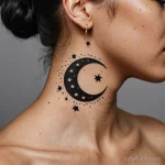 macro of side neck with vitiligo forming crescent shape, moon phase tattoo inked with soft shadowing following shape, stars in d 2025 №38 - фото tatufoto.com