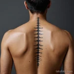 macro of upper back spine area, vitiligo forming vertical line, ornamental spine tattoo of circles and stars inked precisely ove 2025 №39 - фото tatufoto.com