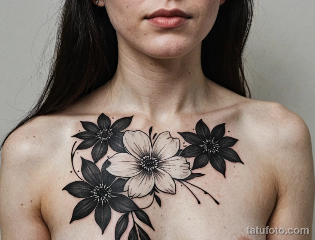 macro on clavicle, pale skin with vitiligo clustered near bone, floral tattoo in black ink with thin lines and overlapping petal 2025 №40 - фото tatufoto.com