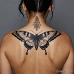 nape of neck macro with vitiligo along vertebrae, ornamental tattoo of moth with wide wings in fine line ink and dot accents, fo 2025 №44 - фото tatufoto.com