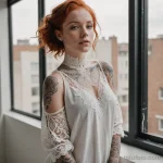 redhead girl wearing oversized shirt off one shoulder, standing near studio window, vitiligo on chest and neck, soft white ink o 2025 №48 - фото tatufoto.com