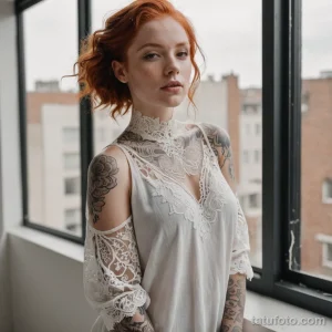 redhead girl wearing oversized shirt off one shoulder, standing near studio window, vitiligo on chest and neck, soft white ink o 2025 №48 - фото tatufoto.com