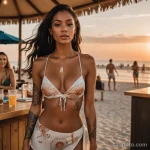 tanned woman at beach bar in wrap skirt and bikini top, vitiligo across chest, realism jellyfish tattoo trailing down from neck 2025 №51 - фото tatufoto.com