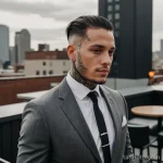 tattooed man in suit at rooftop bar, vitiligo visible on neck, minimalist script tattoo on neck curve and realism style eye tatt 2025 №53 - фото tatufoto.com