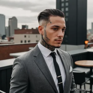tattooed man in suit at rooftop bar, vitiligo visible on neck, minimalist script tattoo on neck curve and realism style eye tatt 2025 №53 - фото tatufoto.com