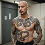 tattooed man with shaved head and vitiligo around jaw and neck, linework snake tattoo curving with pigment across throat, standi 2025 №54 - фото tatufoto.com