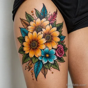 thigh macro, golden skin tone with vitiligo on lower side, floral and dagger tattoo in neotraditional style, ink colors vivid bu 2025 №56 - фото tatufoto.com