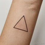 wrist underside macro, olive tone skin with pigment break near vein, minimalist geometric symbol tattoo — triangle, line and dot 2025 №59 - фото tatufoto.com