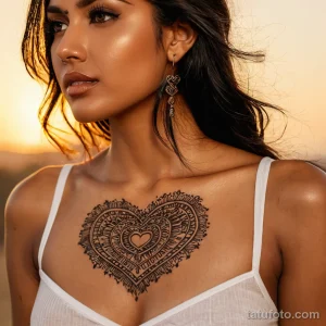 Фото тату на груди: девушка с татуировкой в виде сердца, заключенного в мандалу. Детализированный рисунок татуировки в стиле хенд-мейд.