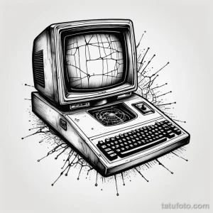 Черно-белое фото тату старого компьютера с монитором и клавиатурой. Вокруг татуировки разлетаются брызги и искры, создавая динамичный эффект.